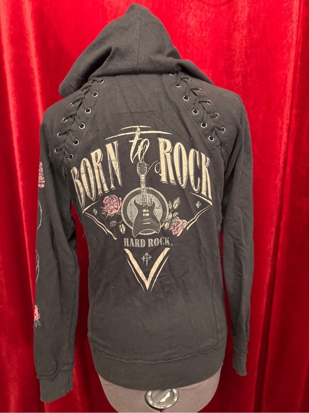 Hard Rock San Francisco 'Born to Rock' Lace-Up Shoulder Zip Distressed Hoodie